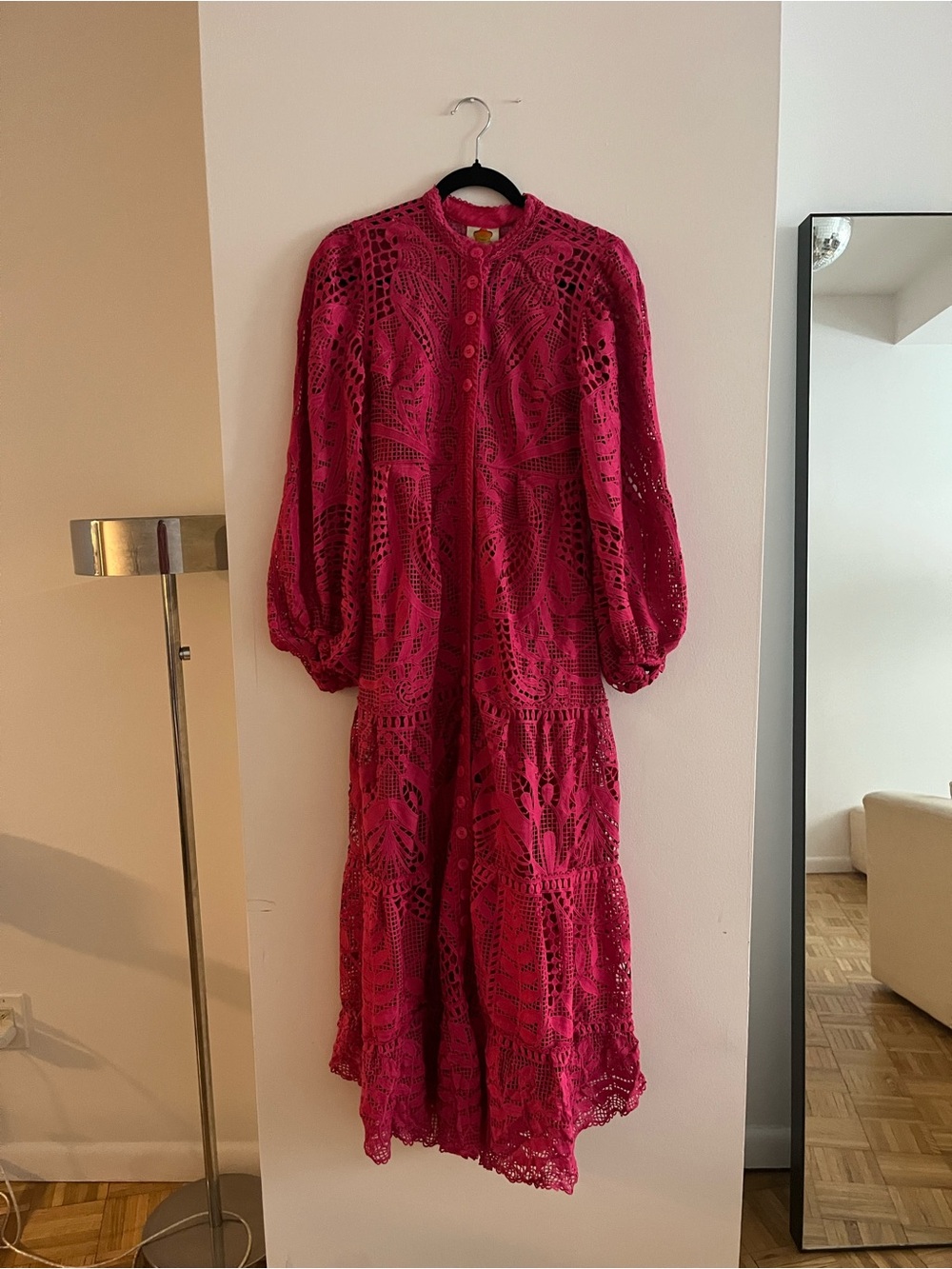 NWOT Farm Rio Fuchsia Crochet Maxi Long Sleeve Dress